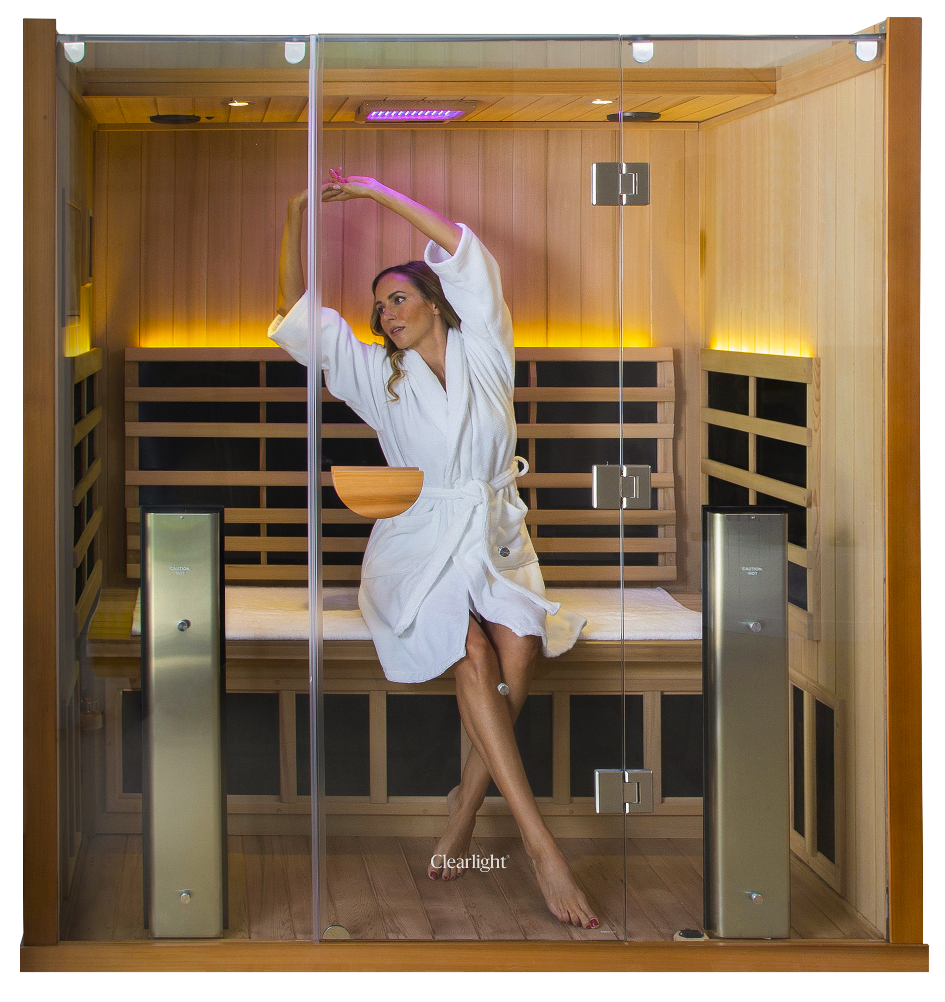 Sauna_Ellen_Marisa_Sanc_3_Closed04_Front_Edit_Clearlight Young female hanging out at SpaSpace Chicago wellness lounge