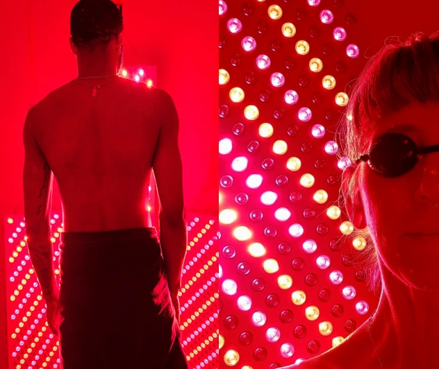 Man and woman surrounded by red light in the Red Light Therapy Suite at SpaSpace Chicago Day Spa for Massage, Facials and Wellness Therapies