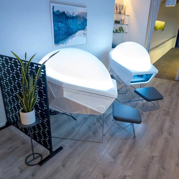 Glowing Somadome Meditation Pod Red Light Bar Red panels for skin repair in SpaSpace Chicago Wellness Lounge