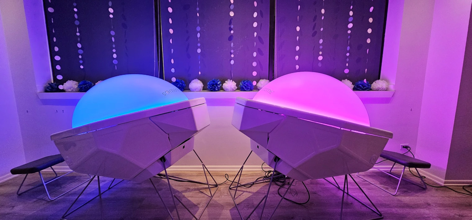 Glowing Somadome Meditation pods at SpaSpace Chicago Wellness Lounge