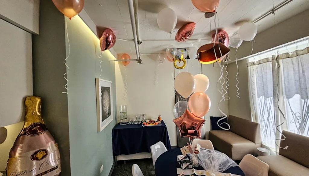 Balloons, party favors, streamers, fruit tray in the Private Sanctuary room at SpaSpace Chicago Day Spa