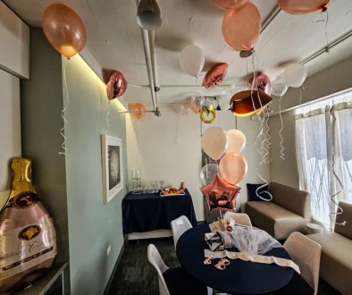 Balloons, party favors, streamers, fruit tray in the Private Sanctuary room at SpaSpace Chicago Day Spa