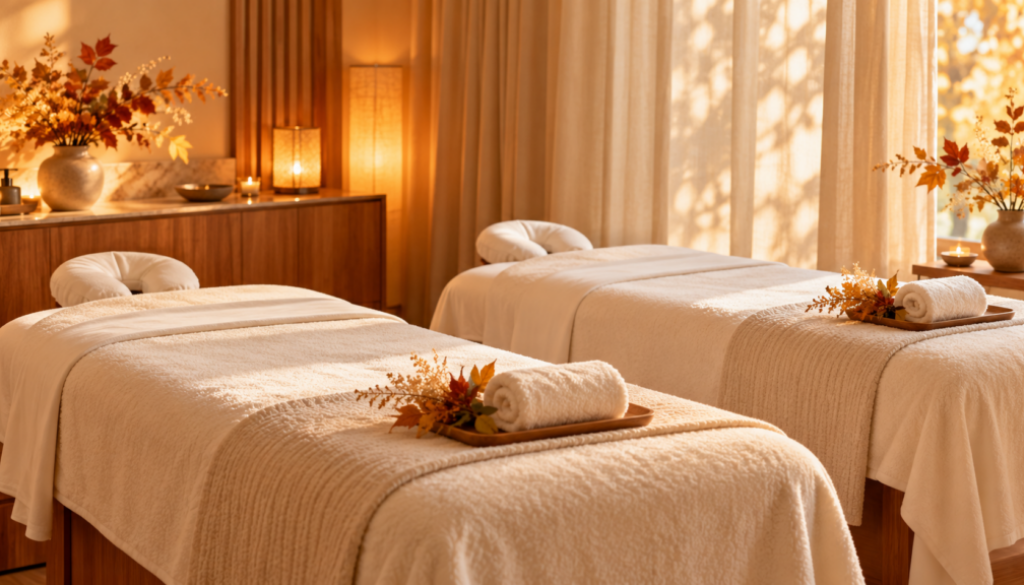 Illustrative spa room with two massage tables, ivory linens, and warm seasonal lighting.