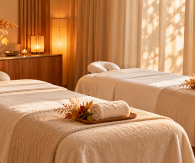 Illustrative spa room with two massage tables, ivory linens, and warm seasonal lighting.