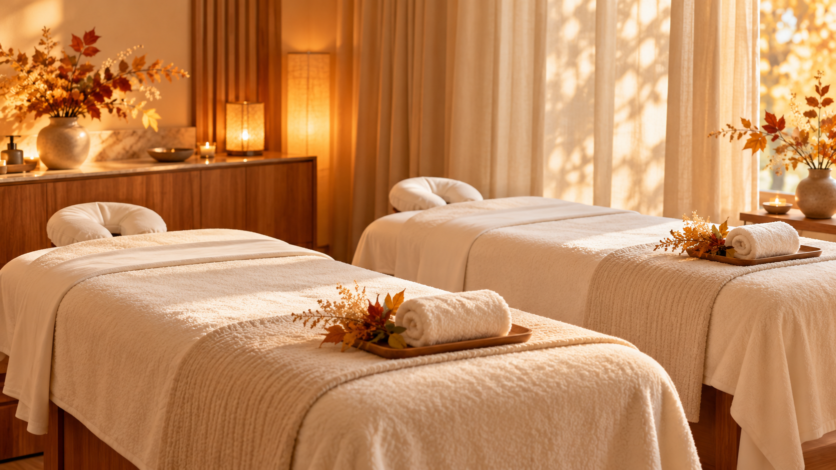 Illustrative spa room with two massage tables, ivory linens, and warm seasonal lighting.