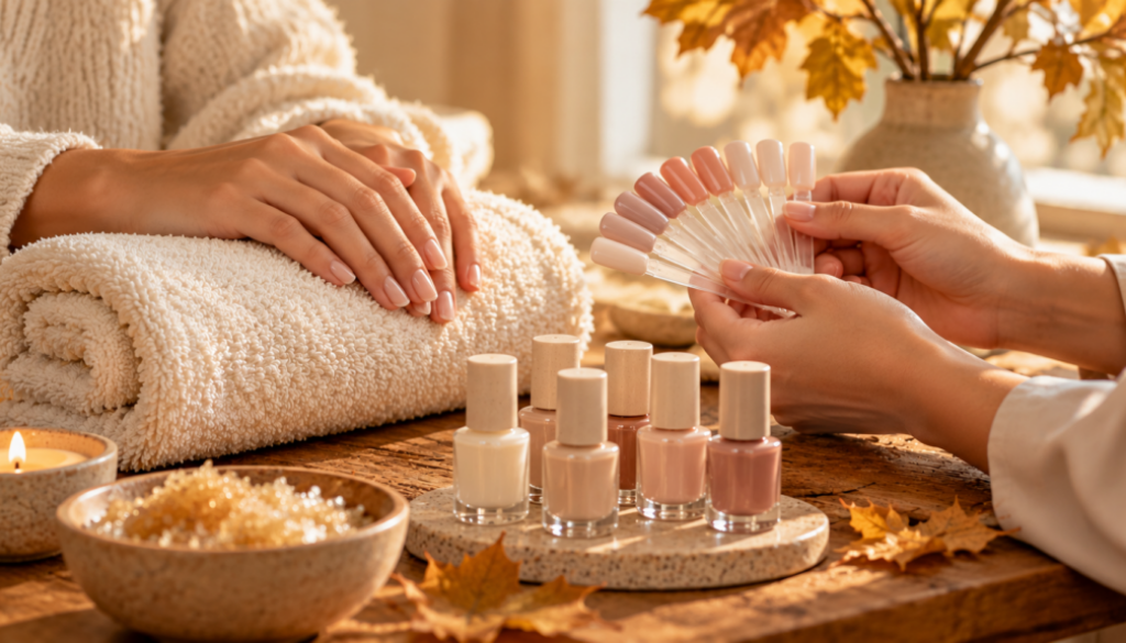 Illustrative manicure color consultation with neutral polish swatches and ivory towels.