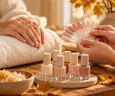 Illustrative manicure color consultation with neutral polish swatches and ivory towels.