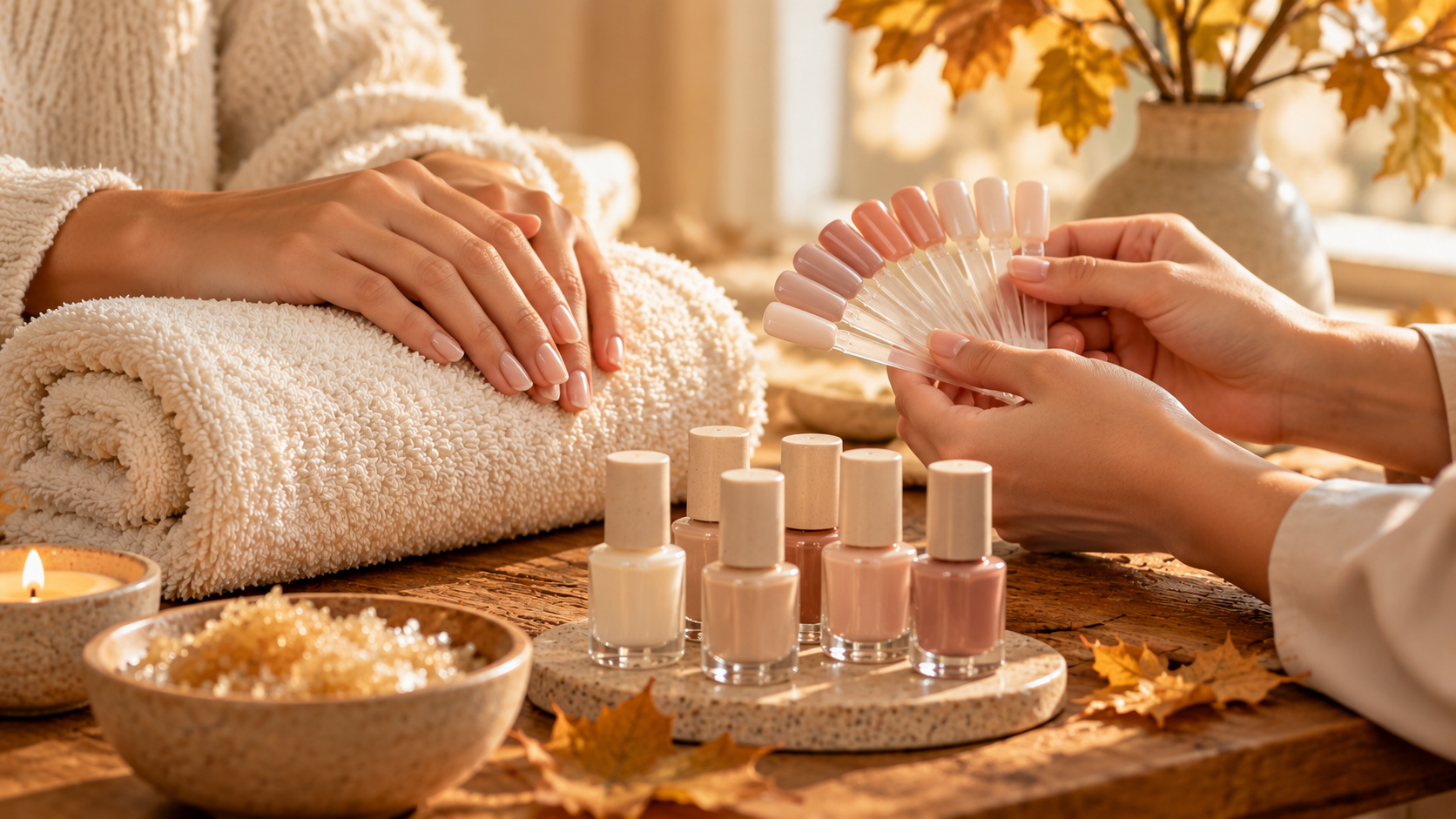 Illustrative manicure color consultation with neutral polish swatches and ivory towels.
