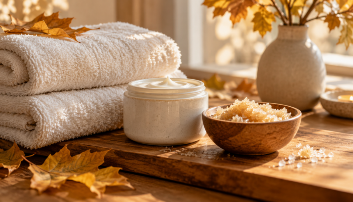 Ivory towels, body cream, sugar scrub, and golden autumn leaves in warm light