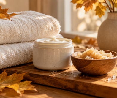 Ivory towels, body cream, sugar scrub, and golden autumn leaves in warm light