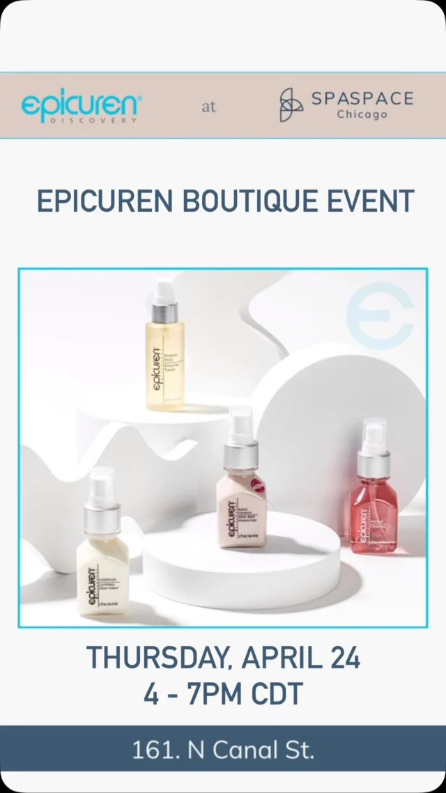 Join us at SpaSpace Chicago for an exclusive Epicuren Boutique Event!

Discover the latest in advanced skincare with Epicuren Discovery—plus get personalized tips from our in-house experts. Enjoy product demos, exclusive event-only perks, and the chance to elevate your skincare ritual with one of our most loved brands.

Treat yourself to an afternoon of glow-ups, giveaways, and good vibes.

What’s your favorite @epicuren product?

We’ll see you there!

#SpaSpaceChicago #EpicurenDiscovery #SkinCareEvent #ChicagoSpa #ExploreWithExperts #WellnessIsBeautiful
